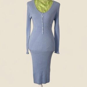 Venus Blue Ribbed Knit Bodycon Midi Dress Long Sleeve Button Front